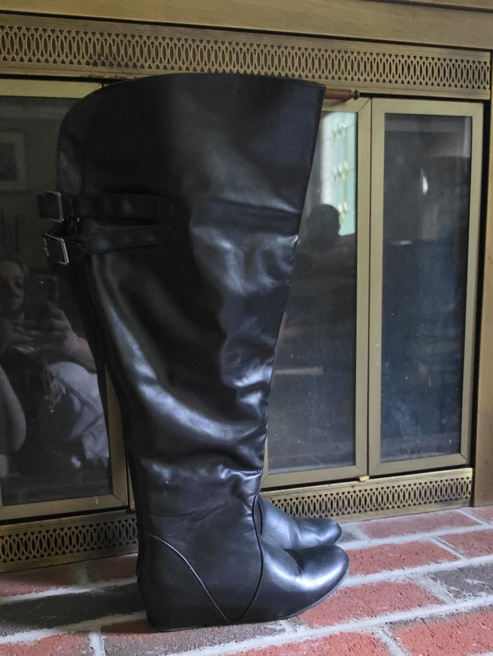 Journee Collection 9 Wide Calf Black Over-the-Knee Buckle Boots Wedge Heel